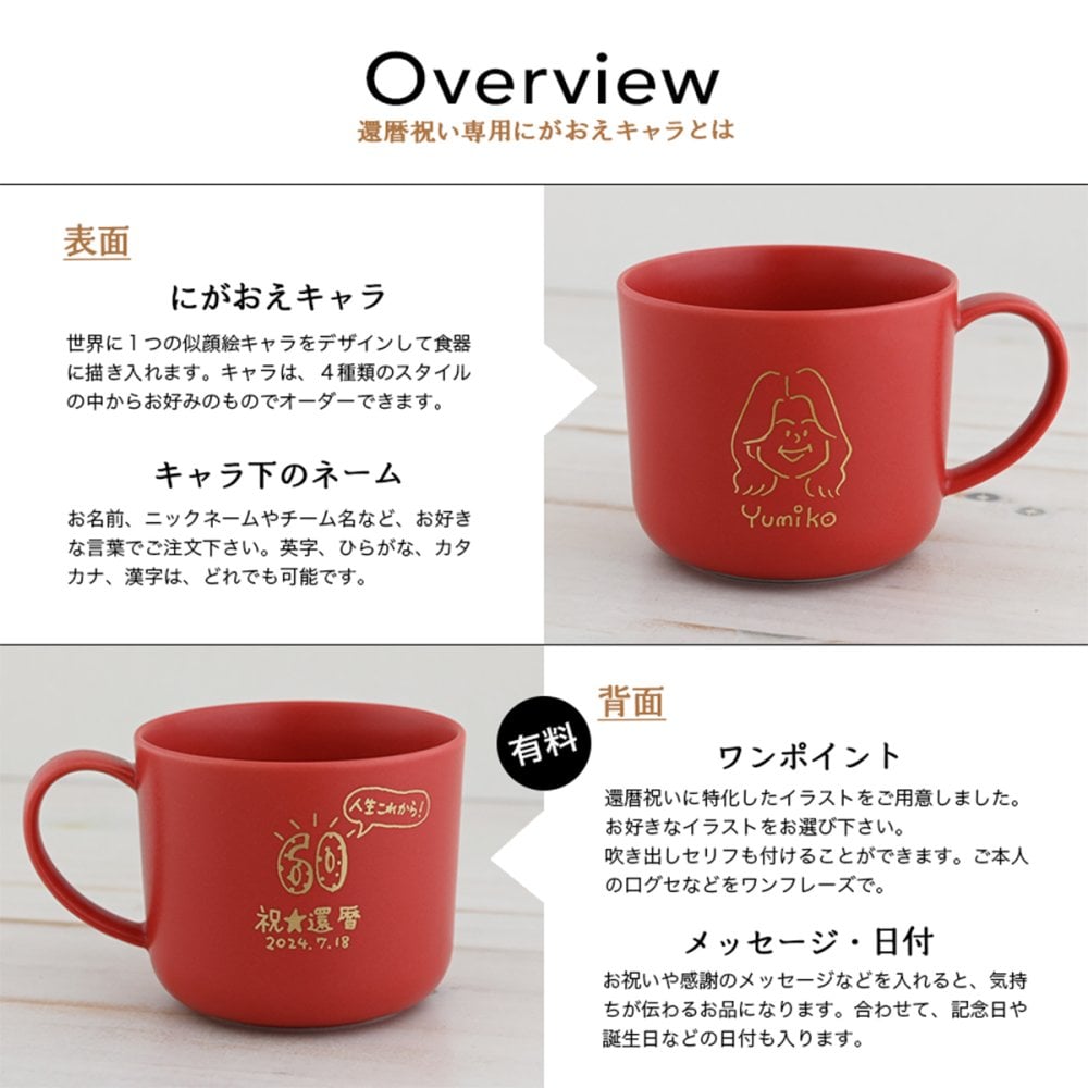 還暦祝い 似顔絵入り 赤いマグカップ 【還暦祝い専用にがおえキャラ＊マディマグ（特別BOX付き）】 オシャレで誕生日プレゼントなどにもオススメ