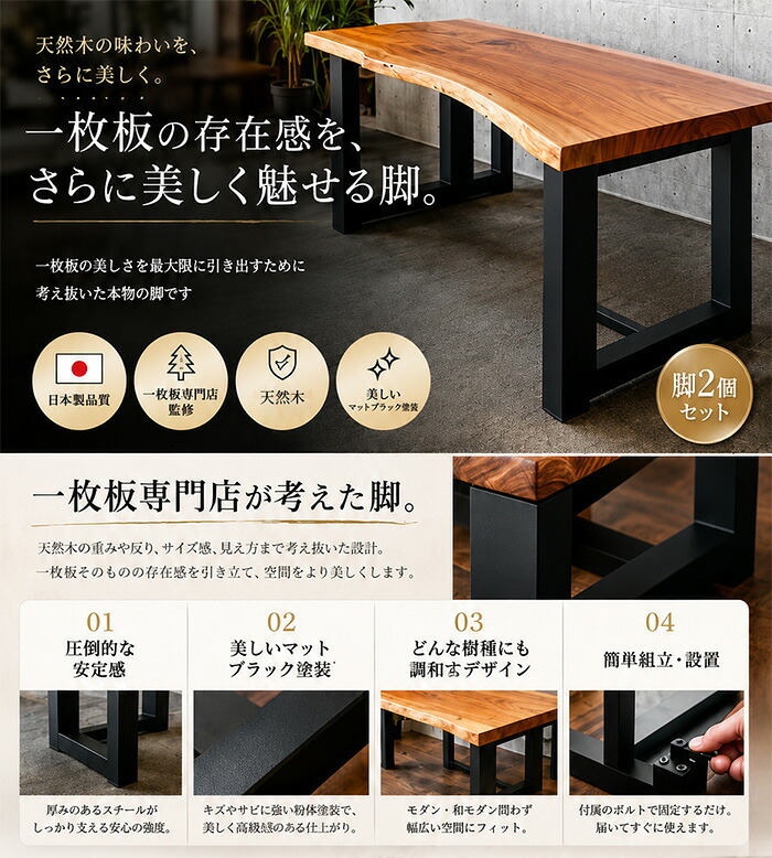 ダイニング家具 脚 一枚板 テーブル脚 ダイニングテーブル脚 アイアン脚 鉄脚 太脚 2脚セット 口型脚 ブラック 黒 スチール脚 テーブルレッグ DIY リメイク オーダーテーブル用 モダン インダストリアル おしゃれ 高耐久 リビング ダイニング