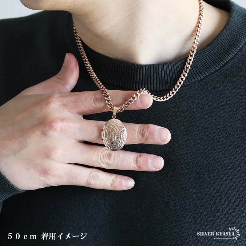 ステンレス ロケットネックレス HIPHOP 喜平チェーンネックレス ロケットペンダント マリアネックレス 写真 記念 思い出 50cm 60cm ピンク 6面カット 聖母 メンズ 男性 金属アレルギー対応