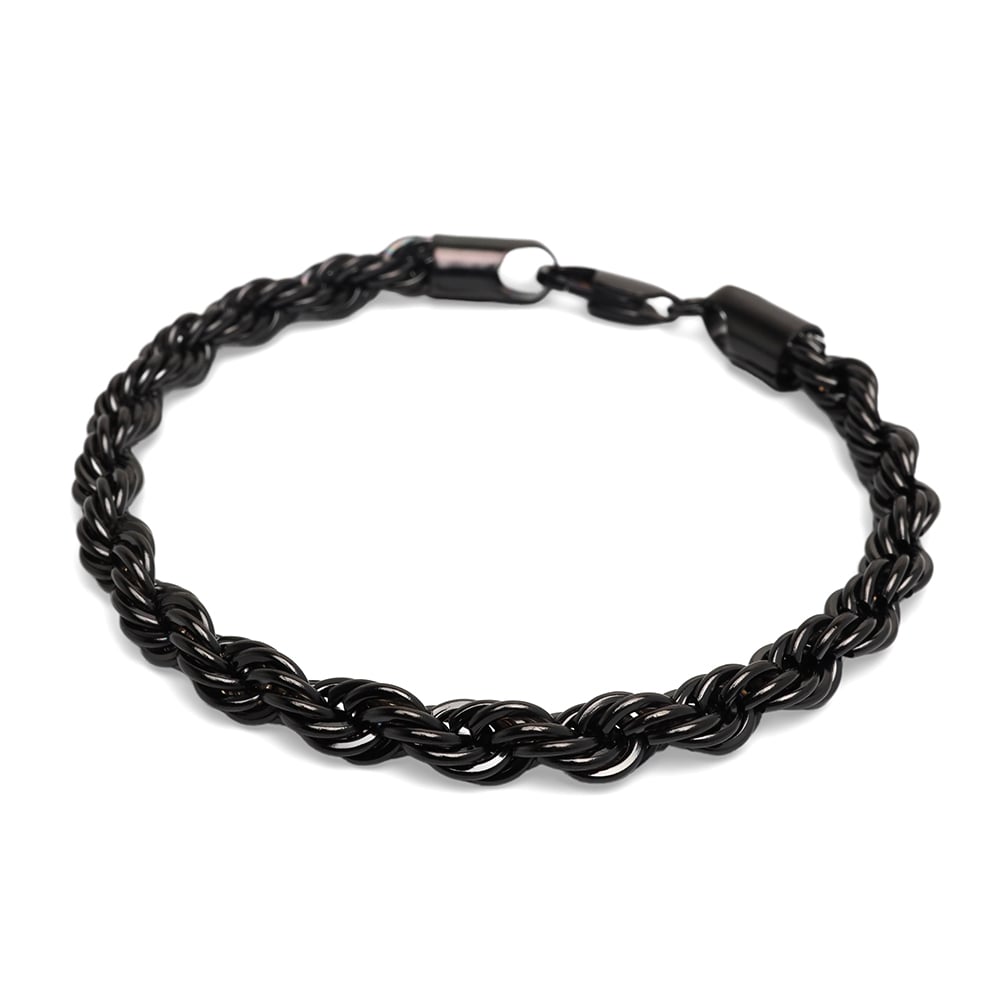 ステンレス ロープチェーンブレスレット 幅6mm ブラック メンズ ボリューム ツイスト 立体感 太め シンプル カジュアル ストリート モード きれいめ おしゃれ かっこいい アクセサリー 手元のポイント 金属アレルギー対応