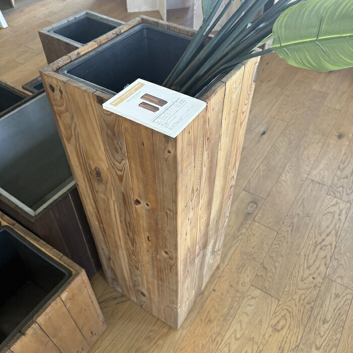 鉢カバー おしゃれ 軽い 大型 四角 スクエア リサイクルウッド ピラー 樹脂インナー付 Lサイズ 高級 北欧 室内 屋内 観葉植物用 サボテン 特大 玄関 インテリア プランター 深型