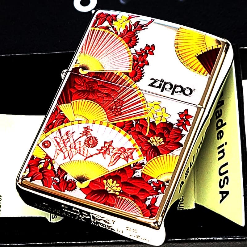ZIPPO 和柄 扇子 ジッポ ライター シルバー レッド 和風 センス 赤 日本 美しい おしゃれ 華やか レディース メンズ ギフト プレゼント