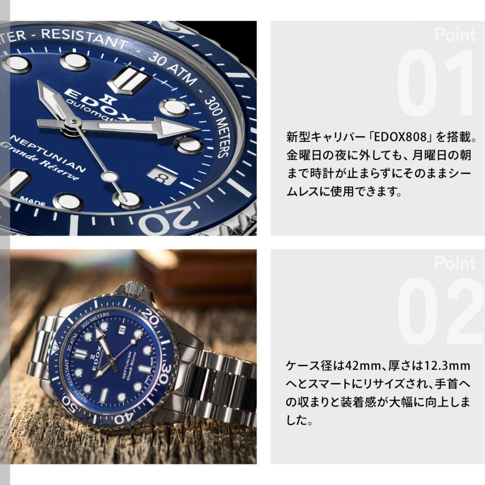 エドックス EDOX ネプチュニアン グランデ リザーブ デイト オートマティック 腕時計 メンズ 自動巻き ダイバーズウォッチ 80801-3BUM-BUIN NEPTUNIAN