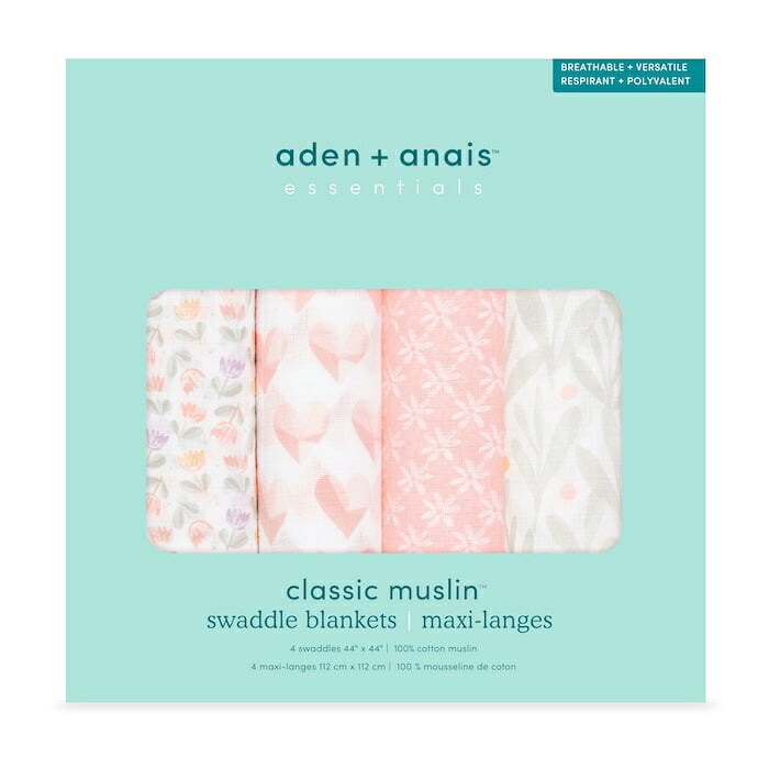 おくるみ スワドル 4枚セット 出産祝い aden+anais エイデンアンドアネイ ピースオブマイハート コットンモスリン ダブルガーゼ 大判 約112cm 新生児 退院 内祝い 出産内祝い 女の子 ギフト 専用ボックス入り ガーゼケット ブランケット 授乳ケープ おむつ替えシート 双子