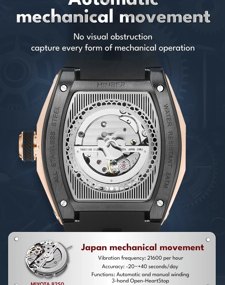 【正規品】MINBER ミンバー Star Skeleton JC9108-01 メンズ腕時計 日本製ムーヴメント 自動巻き 3気圧防水  ブラック  ラバーベルト