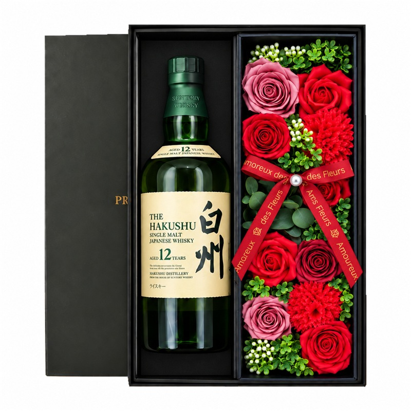 白州12年 お酒 酒 ウイスキー 白州 ウィスキー お酒 酒 サントリー セット販売 セット おしゃれ プレゼントギフト ソープフラワー フラワーボックス 花 お花 定年退職 還暦祝い 退職祝い 男性 女性 お祝い 古希 喜寿 傘寿 米寿 卒寿 白寿