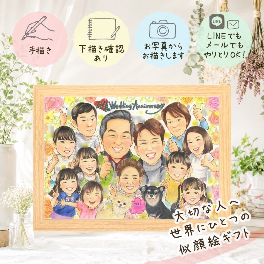 似顔絵 贈り物 ルビー婚式 名入れ 手描き プレゼント ギフト ルビー婚式 記念日 結婚記念日 結婚40周年 お祝い 大人数 お父さん ご夫婦 家族 夫婦 両親 下書き確認 修正無料 名入れ そっくり サプライズ 一生もの 親孝行 思い出 40周年 感謝 記念 披露宴 同窓会 オリジナル ハロウィン 喜ばれる 快気祝い クリスマス 感激 闘病中の方への励まし