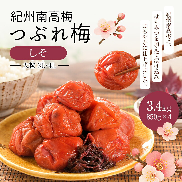 梅干し 紀州南高梅 つぶれ梅 3.4kg 850g×4パック 塩分約3% 減塩 しそ漬け 和歌山県産 赤しそ 紫蘇漬け 大粒 訳あり 紀州 超特大容量 まとめ買い 果肉たっぷり ギフト