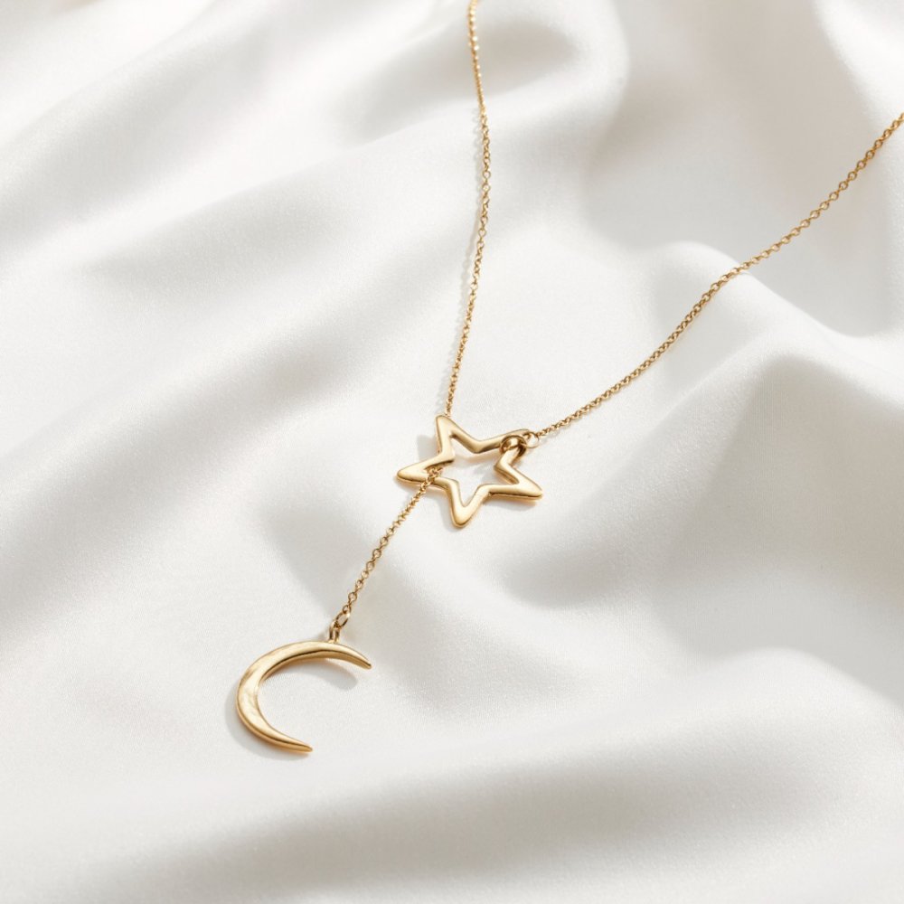 英国製 ハンドメイド 星と月 ゴールドネックレス レディース ラリエット 18Kゴールドプレーティング 上品 誕生日 記念日 ギフト