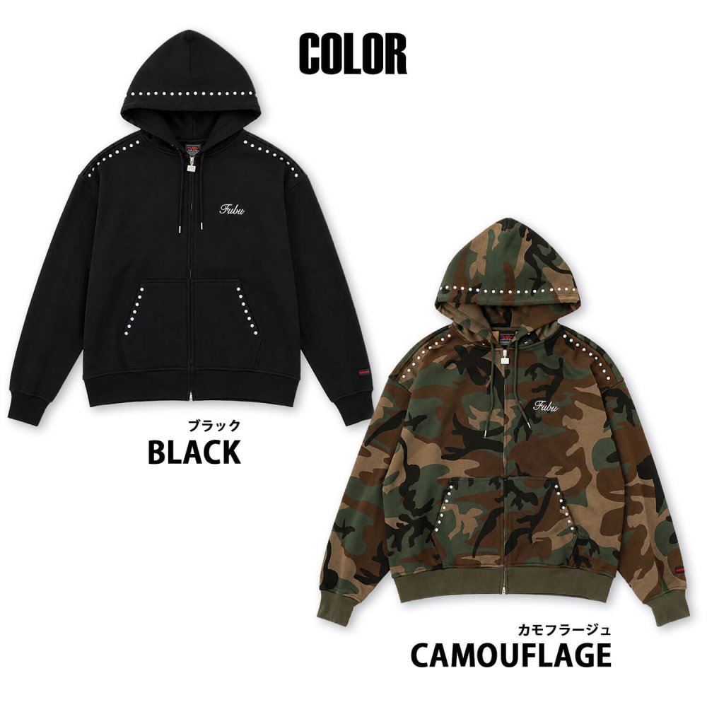 FUBU フブ パーカー メンズ レディース fam-62706 スタッズ ジップ フーディー フルジップ ジップアップ スウェット 迷彩 カモフラ 刺繍 ビッグシルエット ストリート ヒップホップ ダンス カジュアル トップス M L XL XXL 2026FW Karlas