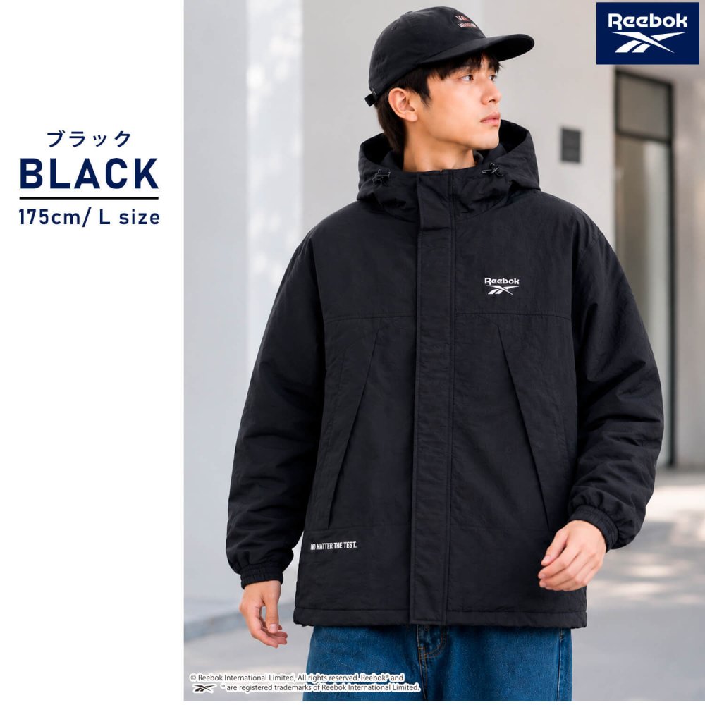 【予約】Reebok リーボック マウンテンパーカー メンズ 長袖 アウター ブルゾン スタンド フルジップ フーディ 中綿 キルト 軽量 防風 あたたかい ロゴ 刺繍  ブランド 大きいサイズ ゆったり ユニセックス 春 秋 冬 M L LL 黒 紺 2026fw karlas
