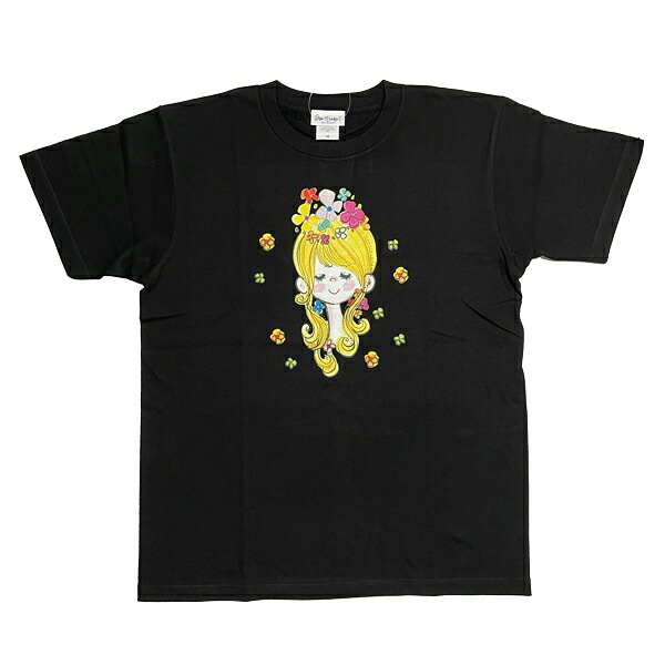 水森亜土 カラーTシャツ(M) フラワー ブラック アパレル 送料込み