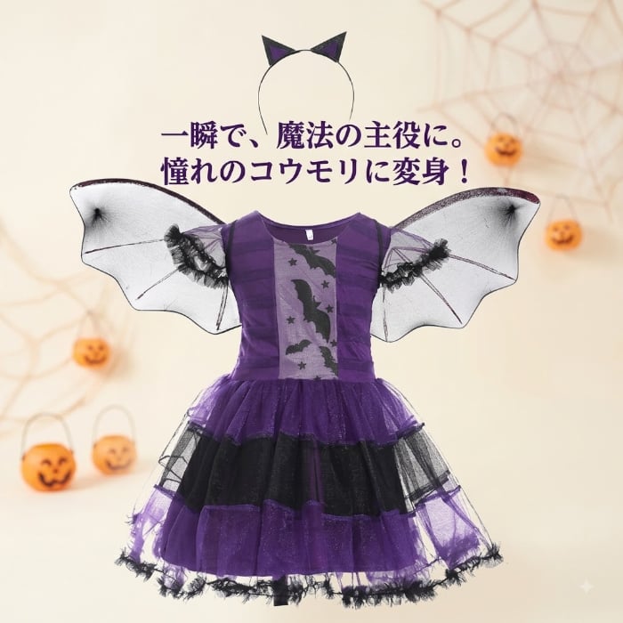 コウモリ コスチューム 子供 ハロウィン 仮装 衣装 女の子 キッズ 羽付き コウモリ衣装 紫 黒 チュールドレス ワンピース キッズコスプレ ハロウィーン パーティー イベント 撮影会