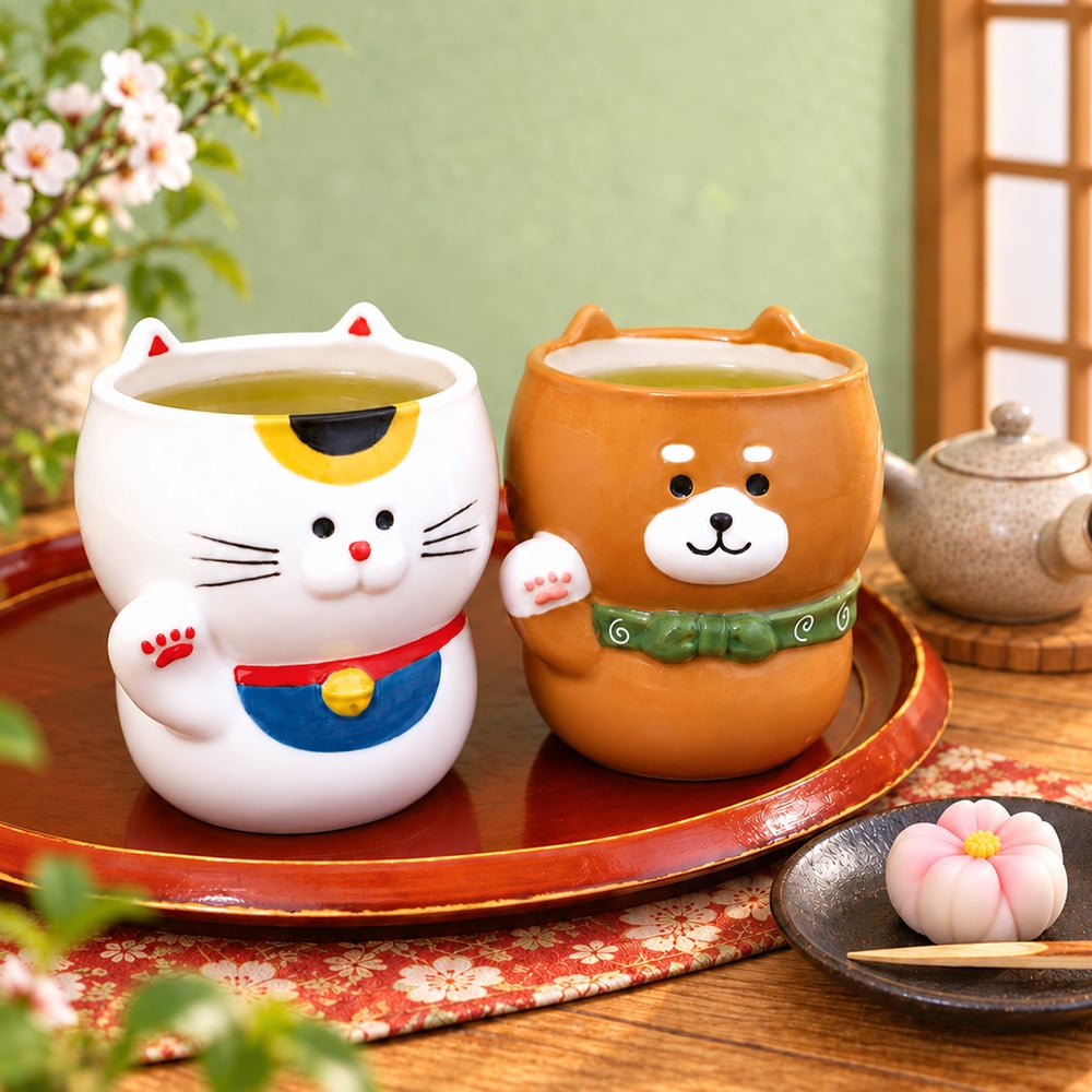 DECOLE　招き湯呑み　猫　柴犬【湯呑み　湯のみ　湯飲み　湯呑　和食器　食器　茶碗　日本茶　お茶　招き猫　猫　ネコ　猫雑貨　縁起物　開運　福招き　招福　和雑貨　かわいい雑貨　プレゼント　ギフト】