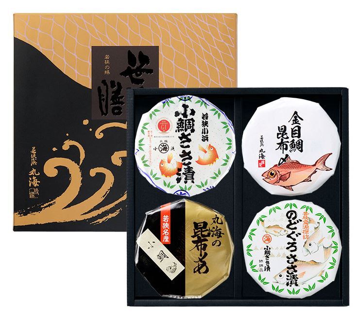 笹漬膳 4ヶ入(小鯛ささ漬 金目鯛昆布〆め 小鯛昆布〆め のどぐろささ漬) ｜ 小鯛ささ漬・小鯛昆布〆・のどぐろささ漬・金目鯛昆布〆　各70gx1樽｜福井県小浜市より直送　お魚料理　海産物　ギフト　父の日　お中元　お盆の手土産　送料無料
