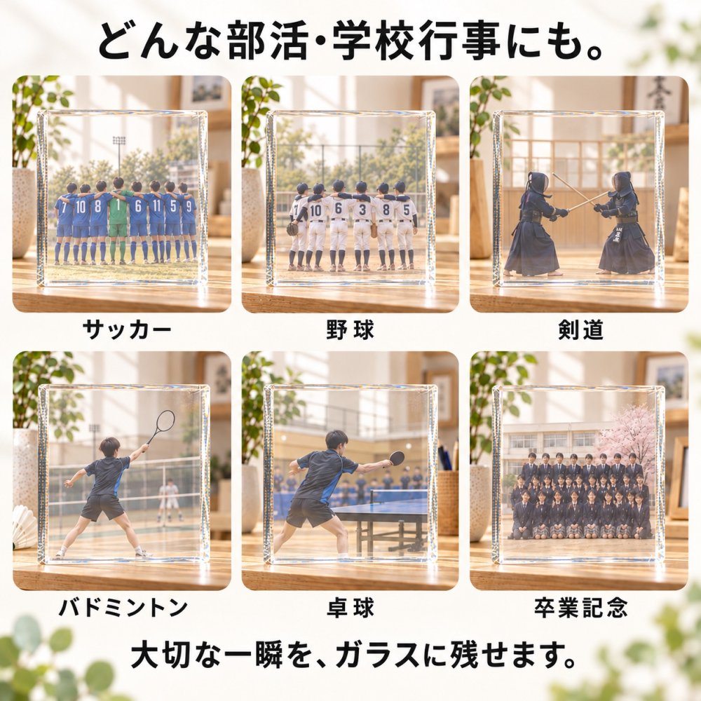 【ガラスブロック C01】卒団記念品 卒部記念品 卒業記念品 名入れ 写真入り 文字入れ 部活 引退 サッカー 野球 剣道 バドミントン 卓球 保護者 チーム 仲間 先生 恩師 監督 コーチ 謝恩会 記念品贈呈 プレゼント 思い出 オーダーメイド 卓上