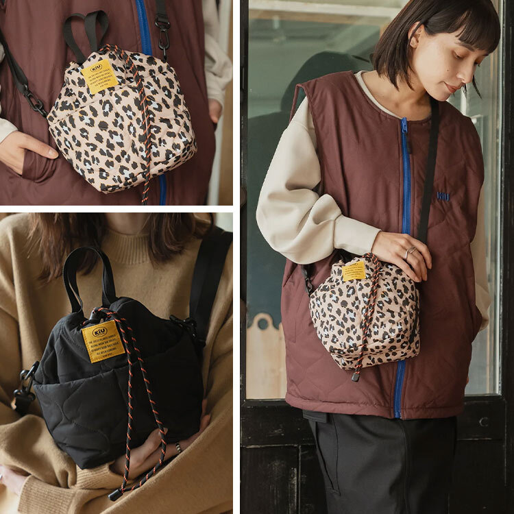 ショルダーバッグ KiU キウ K384 レディース メンズ ミニショルダーバッグ 巾着バッグ ハンドバッグ 2way 秋冬 撥水 斜めがけ 軽量 B6 ミニバッグ ショルダー 巾着 キルティング 大人 おしゃれ かわいい 通勤 普段使い 旅行 ブラック 黒 レオパード アイボリー グリーン