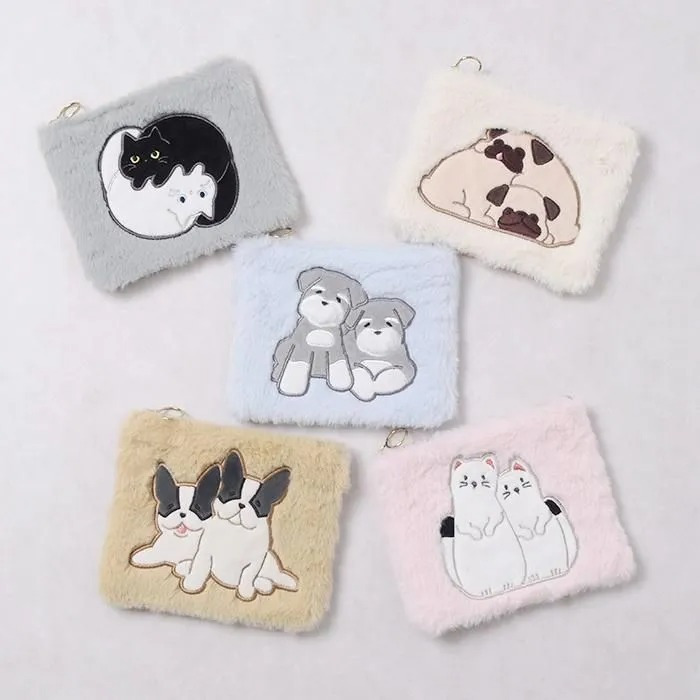 ポーチ もふもふ メイクポーチ アニマル ポーチ もこもこ アニマルフェイス かわいい アクセサリーポーチ ネコ 猫 トイプードル イヌ 犬 ふわふわ ねこ 刺繍 レディース 小物入れ 小銭 コインケース マルチーズ プレゼント フラットポーチ