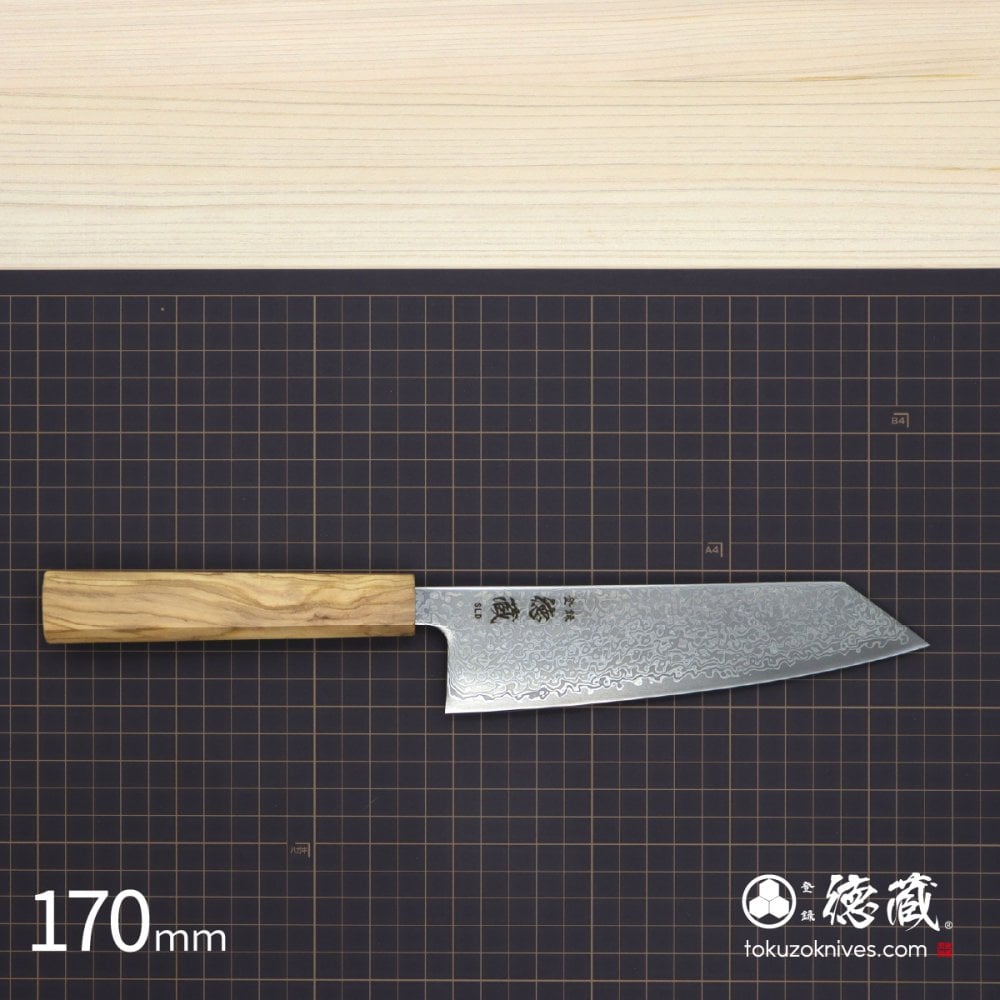 切付三徳ステンレス包丁　170mm SLD ダマスカス オリーブ八角柄 黒染仕上げ 日本製 徳蔵刃物 【TOKUZO KNIVES】 JAPAN Kitchen Knives 包丁 ほうちょう ホウチョウ 切れ味 家庭用 万能 両刃 お手入れ簡単 錆に強い プレゼント ギフト 贈り物 一生モノ INOX・イノックス