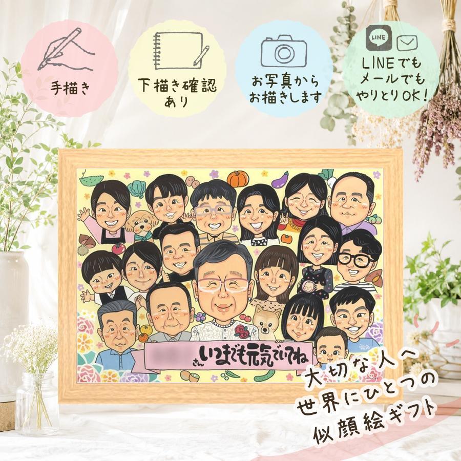 長寿のお祝いに、心に残るお祝いを、似顔絵で届けます。 長寿祝い ギフト 似顔絵 手描き プレゼント 贈り物 名入れ 長寿 記念日 家族 お祝い 大人数 ご両親 家族 祖父母 名入れ 修正無料 下書き確認 かわいい 一生もの サプライズ そっくり 宝物 長寿祝い オーダーメイド お祝い返し 白寿祝い 引っ越し 同窓会 米寿祝い 闘病中の方への励まし ウェディングギフト 色紙 感謝 快気祝い