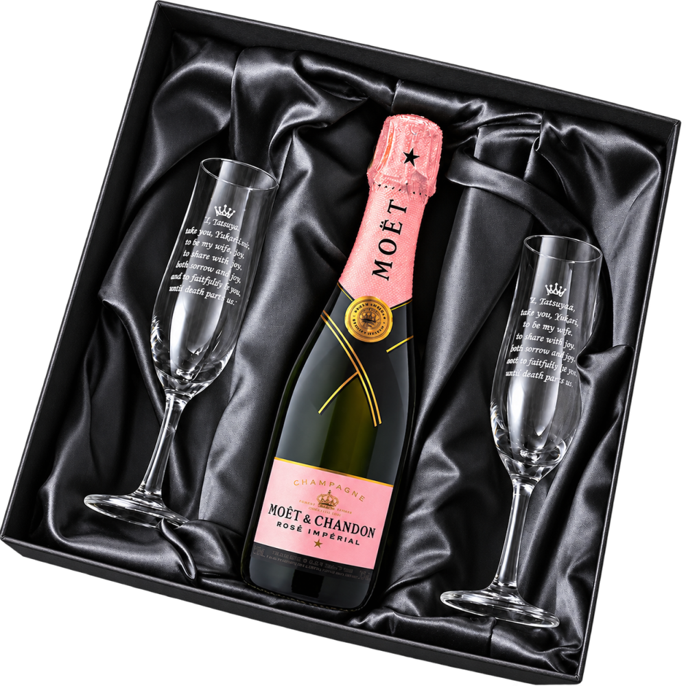 卒業 退職 名入れ ペアギフト SXX 酒セット モエ・エ・シャンドン ロゼ・アンペリアル ハーフ 375ml & フルートシャンパングラス プロローズ 2点 布張りBOX入り / プレゼント ギフト 両親 夫婦 結婚 金婚式 銀婚式 退職 記念 誕生日 長寿 祝い