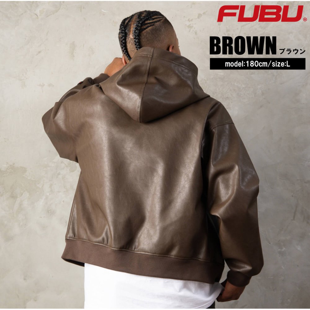 FUBU フブ レザージャケット メンズ レディース fam-62300 フェイクレザー ジップ フーディー パーカー ブルゾン 合皮 スクリプトロゴ 刺繍 ビッグシルエット ストリート ヒップホップ ダンス カジュアル M L XL XXL 2026FW Karlas