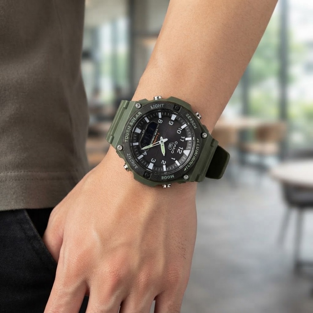箱なし カシオ 腕時計 メンズ CASIO ソーラー タフソーラー アナデジ カーキ グリーン ブラック 海外モデル 逆輸入 100m防水 ワールドタイム ストップウォッチ アラーム アウトドア スポーツ 誕生日 父の日 プレゼント ギフト 成人 卒業 入学