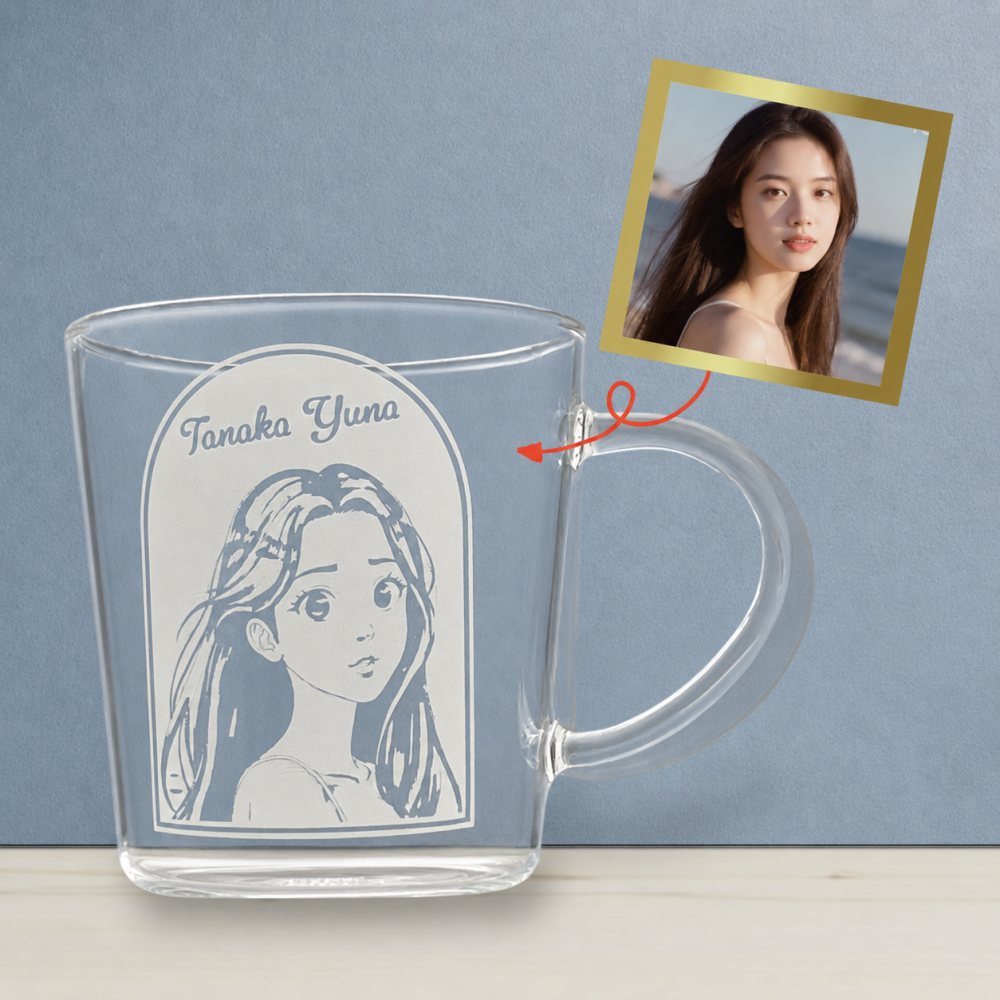 【リアル ドール アニメ 選べる似顔絵 彫刻グラス】アーチグラス 300ml 写真から似顔絵 選べる似顔絵 世界にひとつのオーダーメイドグラスです