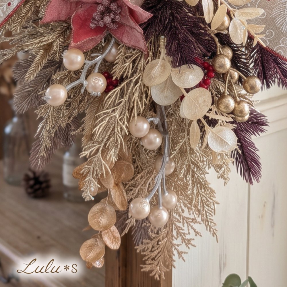 クリスマス スワッグ リース シャビーシック くすみカラー 造花 アーティフィシャルフラワー ポインセチア ボルドー ピンク アンティーク ゴールド インテリア 壁飾り 玄関 ドア リビング 店舗 ディスプレイ サロン オーナメント 冬 プレゼント ギフト 贈り物 新築祝い お祝い 引っ越し祝い 彼女 妻 友達 おしゃれ ゴージャス 豪華 リボン ルルズ Lulu＊s 0874