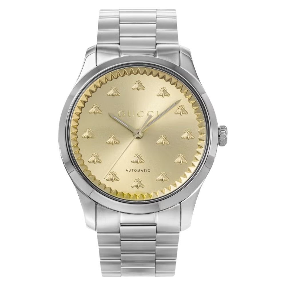 グッチ 腕時計 メンズ Gタイムレス 1本限り 自動巻き 42mm イエローゴールド シルバー 蜂 ビー GUCCI G-Timeless スイス製 サファイアガラス プレゼント ギフト 成人 卒業 入学