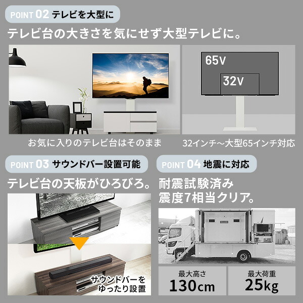 WALLインテリアテレビスタンド テレビ台用スタンド 32～65v対応 壁寄せテレビ台 TVスタンド 背面収納 コード収納 ホワイト 白 震度7耐震試験済み 新生活