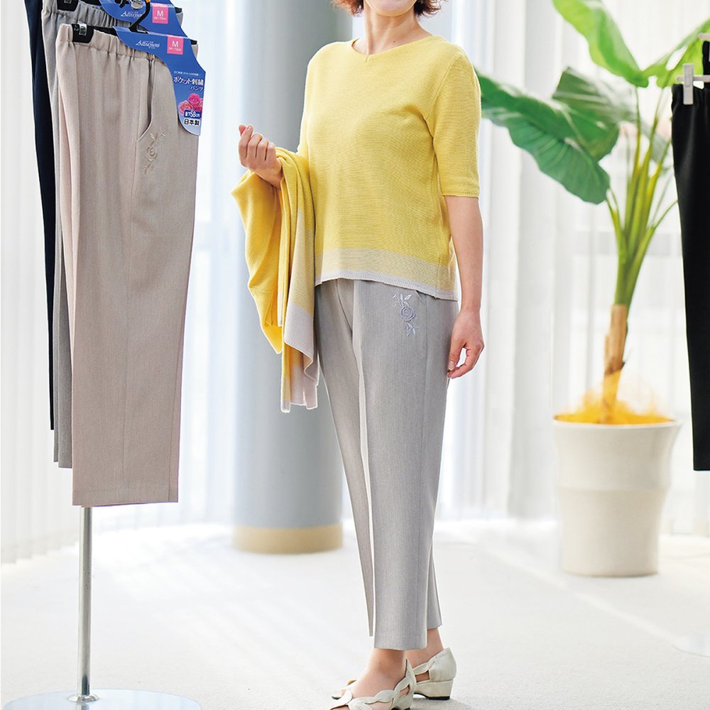 【日本製】福山ブランド認定品 シニア レディースパンツ 刺繍 上品 80代 70代 60代  母 服　ボトムス ミセスファッション 送料無料  夏 涼 刺繍 総ゴム バラ刺繍 楊柳 さらさら パンツ 股下58cm【9580】