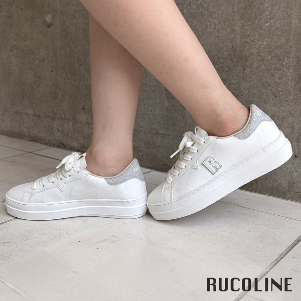 ルコライン スニーカー ルコライン 靴 RUCO LINE RUCO-019WH ROSE LUX 花柄生地 ホワイト 白 シルバーラメ 合皮 ローカット ファスナー無し ルコライン シューズ RUCO LINE ルコラインスニーカー フラットソール 新作 取扱店 京都 母の日 ギフト 数量限定