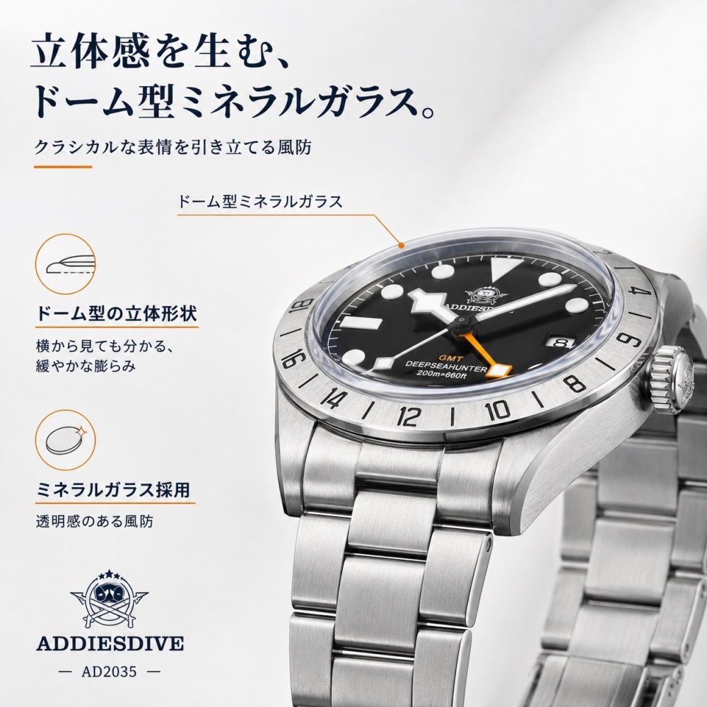ADDIESDIVE 腕時計 メンズ クォーツ GMT スイス製 RONDA 515 39mm 20気圧防水 SUS316L AD2035