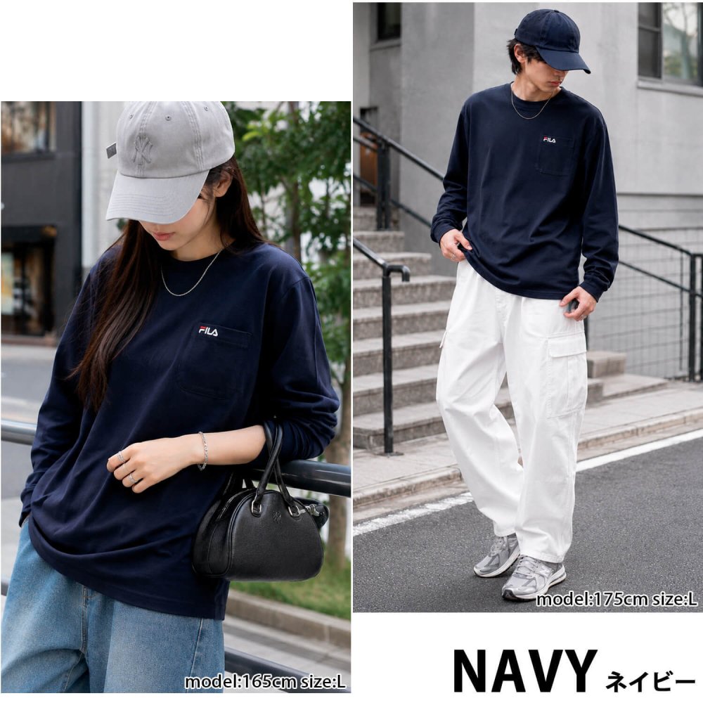  FILA フィラ Tシャツ メンズ 長袖 胸ポケット付き クルーネック 綿混 ワンポイントロゴ 刺繍 ロンT スポーツブランド トップス カットソー おしゃれ シンプル 無地 韓国 M L LL 3L 大きいサイズ 白 黒 紺 中学生 高校生 outfit