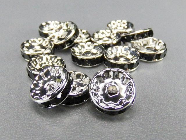 ラインストーンロンデルまとめ売り卸売り黒色銀平型10mm100個