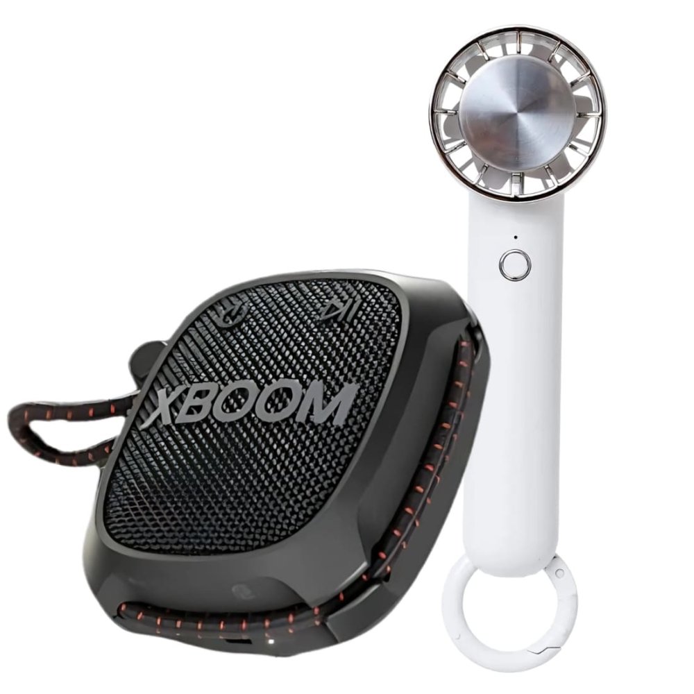【2点 アウトドアセット】ペルチェ 冷却プレート搭載 ハンディファン ホワイト LCAF004 ＆ LG XBOOMGo スピーカー XG2TBK ポータブルスピーカー アウトドア キャンプ 釣り おしゃれ 夏 熱中症対策