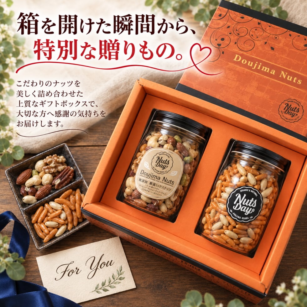 お歳暮 ギフト ナッツ お菓子 親 変わり種 おしゃれ 年配 送料無料 高級 健康食品 御中元 プレゼント ナッツ ギフト おつまみ テレビで話題！ ギフト プレゼント スイーツ 無添加・無塩のプレミアム大阪・堂島7種ミックスナッツと当店オリジナル柿の種ピーナッツのセット。北新地・百貨店でお土産に使われています。【堂島ナッツ＆柿ピー中瓶セット】