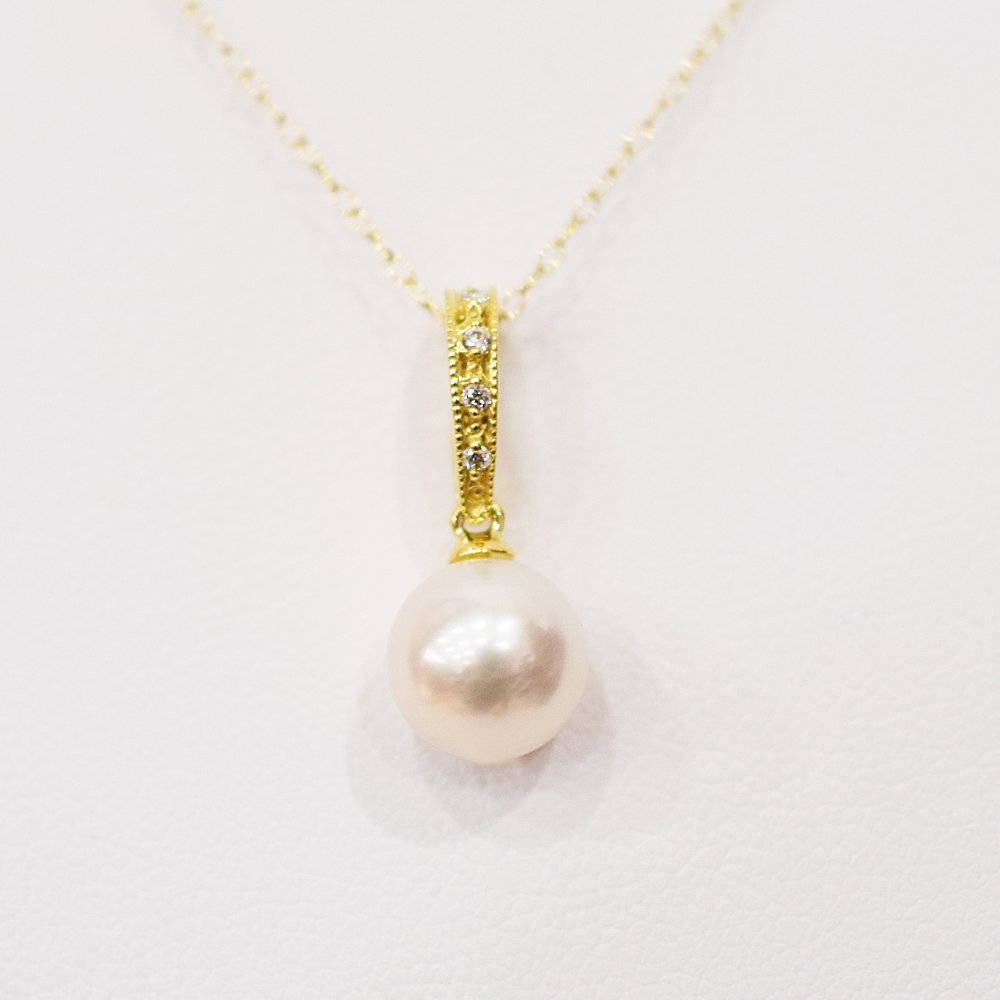 ［pearl581］8mm - 8.5mm ホワイトピンク クリッカー ペンダント ダイヤモンド付 あこや真珠