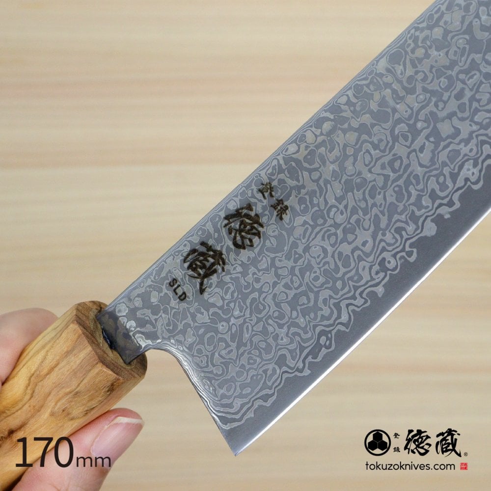 切付三徳ステンレス包丁　170mm SLD ダマスカス オリーブ八角柄 黒染仕上げ 日本製 徳蔵刃物 【TOKUZO KNIVES】 JAPAN Kitchen Knives 包丁 ほうちょう ホウチョウ 切れ味 家庭用 万能 両刃 お手入れ簡単 錆に強い プレゼント ギフト 贈り物 一生モノ INOX・イノックス