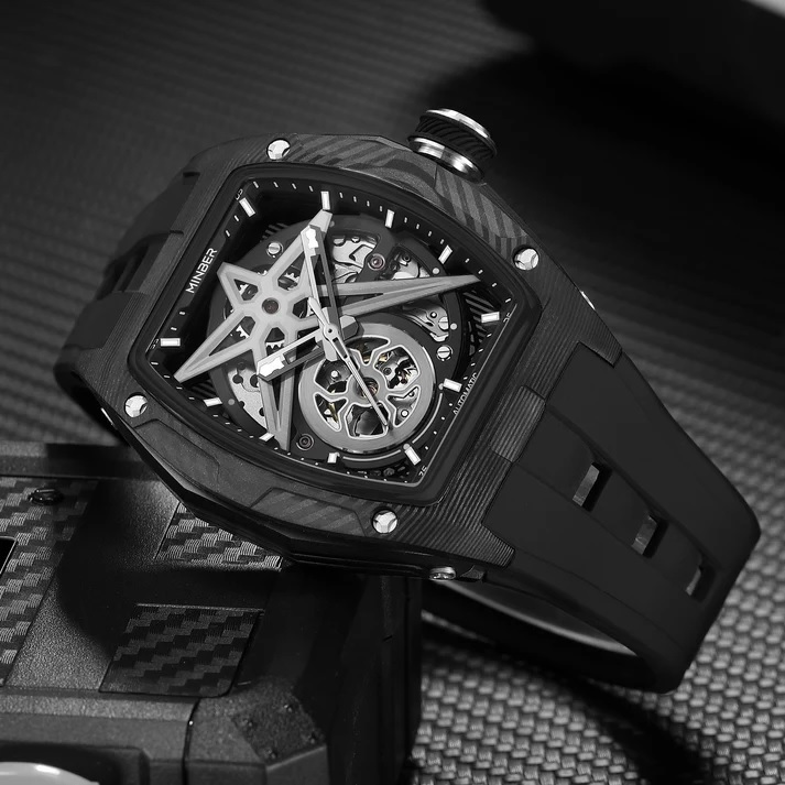 【正規品】MINBER ミンバー Star Skeleton JC9108-02 メンズ腕時計 日本製ムーヴメント 自動巻き 3気圧防水  ブラック  ラバーベルト