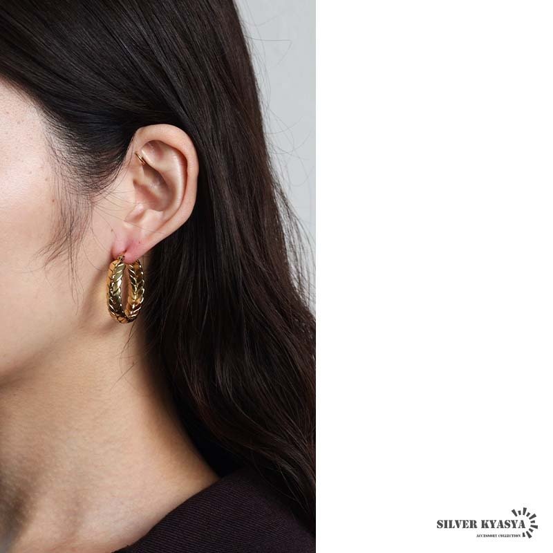 ステンレス 編み込みピアス 大ぶりピアス フープピアス ゴールド シルバー プチプラ 大きめ 存在感 メタル サークル リーフ 月桂冠 フィッシュボーン 両耳2点 レディース 女性 金属アレルギー対応 イヤリング
