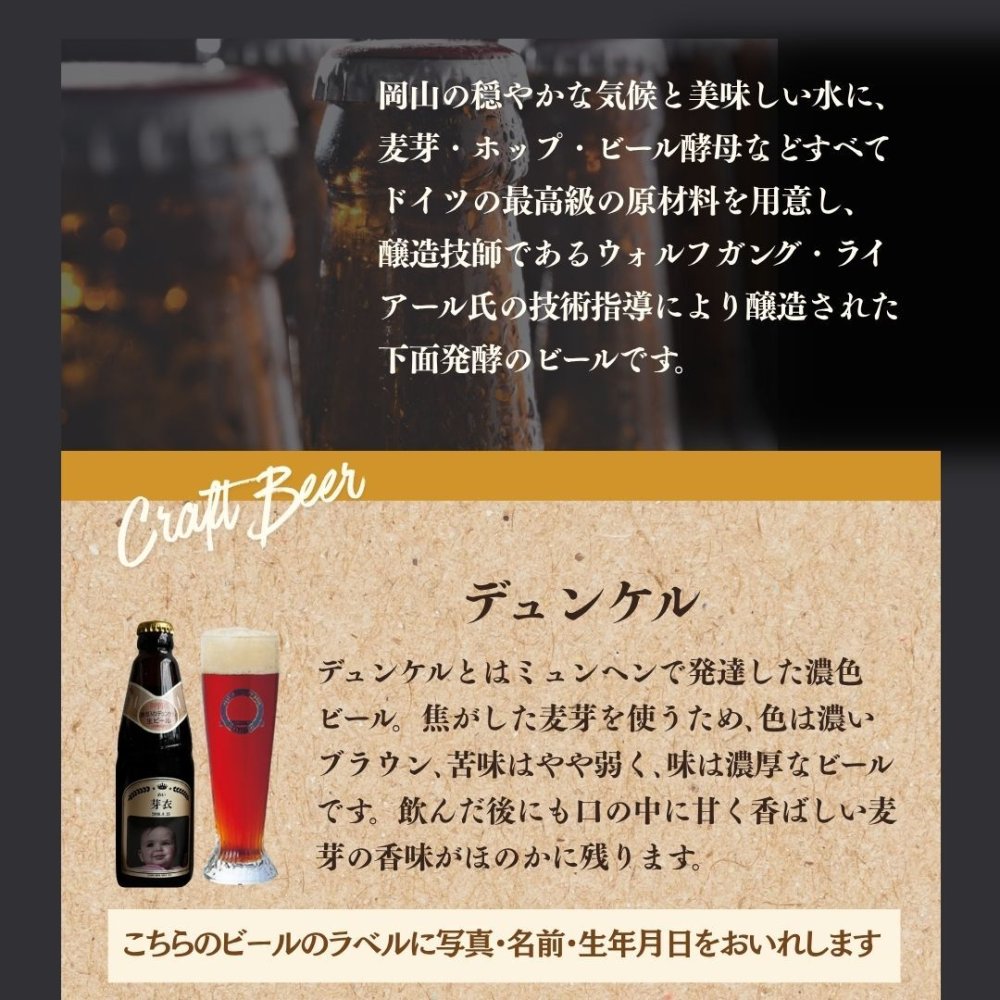 al210写真名入れ 独歩 地ビール 5本セット (デュンケル1本+ヴァイツェン2本+ピルスナー2本) 宮下酒造 岡山県産 化粧箱入り (出産内祝 内祝 お祝い お中元 お歳暮 プレゼント)送料無料