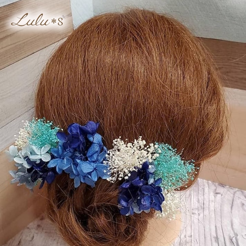 髪飾り ターコイズブルー ヘアアクセサリー ヘッドドレス プリザーブドフラワー ドライフラワー かすみ草 紫陽花 アジサイ 青 水色 ネイビー 結婚式 ウェディング ブライダル 和装 白無垢 色打掛 振袖 袴 成人式 卒業式 浴衣 七五三 前撮り 発表会 着物 花 髪留め パーティー ルルズ Lulu＊s