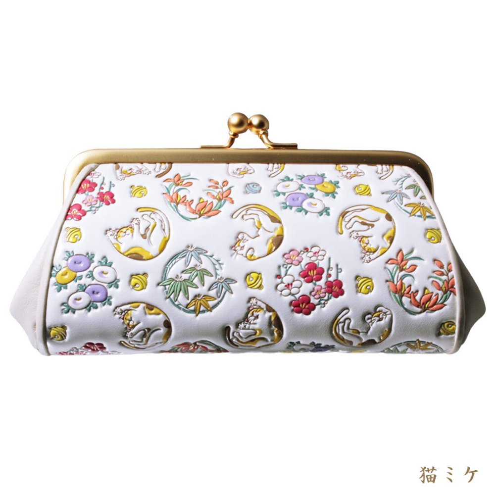 浅草文庫 がま口 財布 花菱 親子 WA-4 コインケース 小銭入れ 友禅染 浅草 文庫革 江戸小紋 ミニ ガマ がまぐち 送料無料 レザー 牛革 レディース ギフト プレゼント