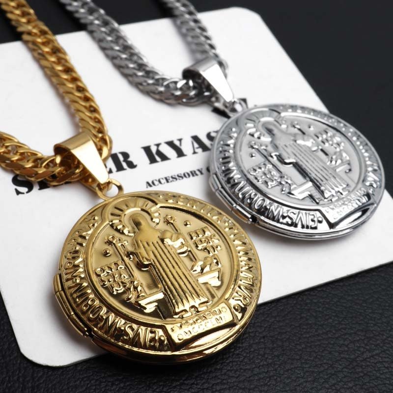ステンレス ロケットネックレス HIPHOP ダブル喜平チェーンネックレス ロケットペンダント 写真 記念 思い出 50cm 60cm ゴールドネックレス 18KGP シルバー 聖ベネディクト 6面カット メンズ 男性 金属アレルギー対応