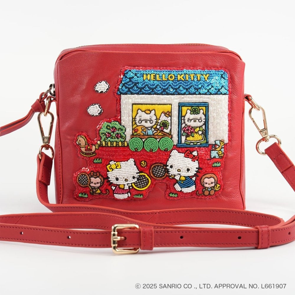 Hello kitty × tamaoworld ハローキティ テニス ショルダーバッグ レッド tennis Red SHO3890 送料無料 キティちゃん ミミィちゃん 羊革 天然皮革 刺繍 テニス 赤 ショルダー バッグ