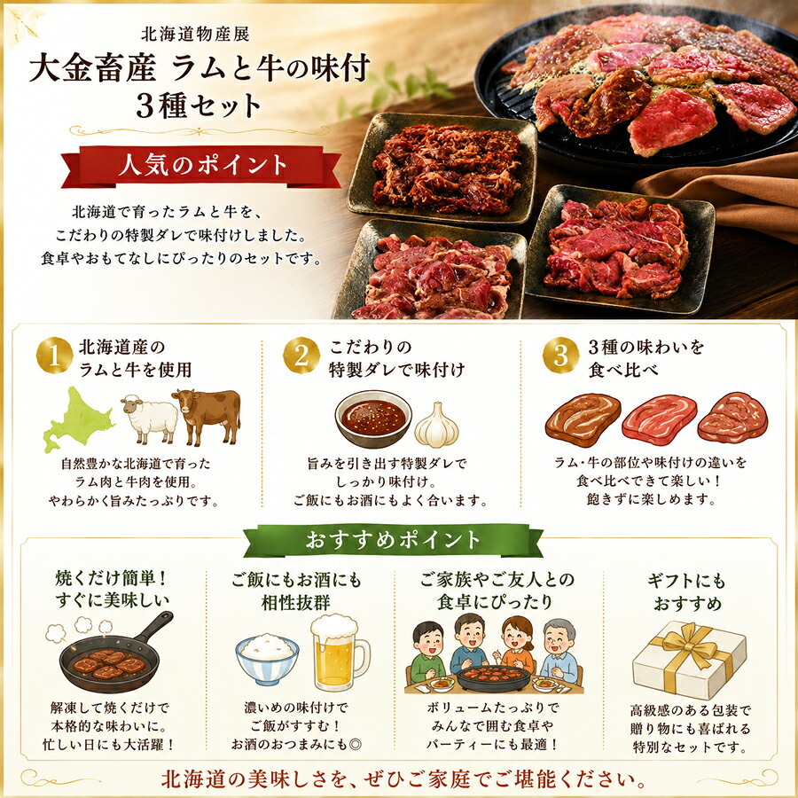 メーカー直送 大金畜産ラムと牛の味付3種セット 26-6015-07 贈答品 自宅用 プレゼント 人気  お誕生日 大金の人気味付肉の詰合せ。それぞれの個性ある味わいをお楽しみいただけます。