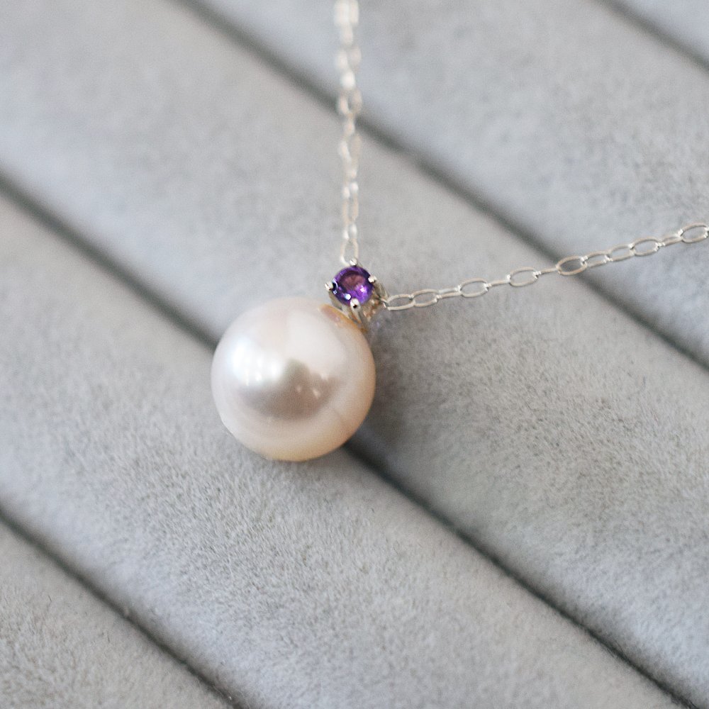 ［pearl598］8mm - 8.5mm ホワイトピンク ペンダント ネックレス 2月 誕生石 アメジスト あこや真珠
