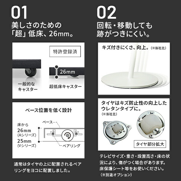WALL SEVENSTAND セブンスタンド A2 ロータイプ+セブンサイドテーブル 2点セット 24~55v対応 小型 自立型 キャスター付き フラット薄型ベース TVスタンド 背面収納 部品パーツ オプション 耐震 ホワイト白 ブラック黒 ブラウン 新生活